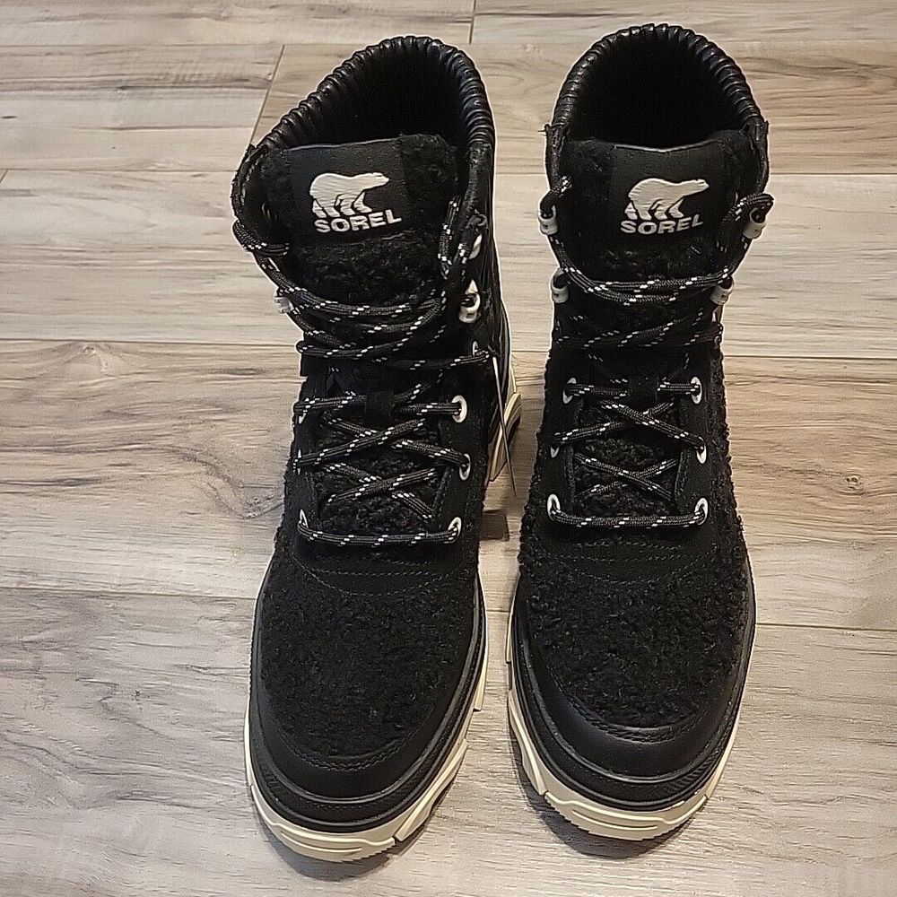 Sorel Brex Boot Lug Sole Size 6 Black Faux Shearling Waterproof NEW